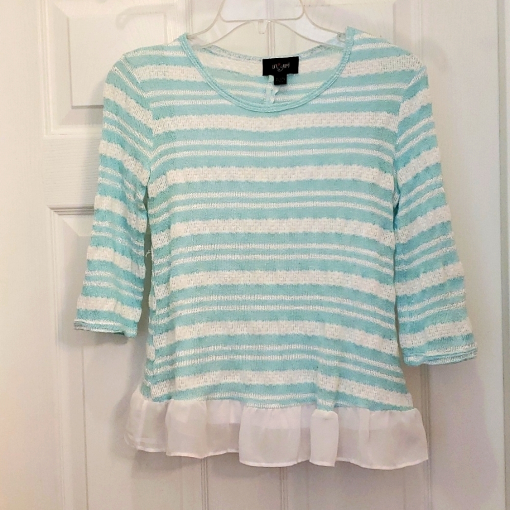 i.n. girl XL 16 Gorgeous Teal Blue White Striped Sweater Top Sheer Ruffle & Bow